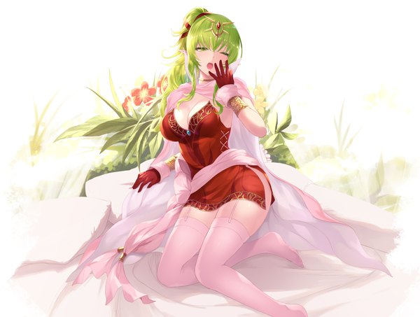 Anime picture 1920x1450 with fire emblem fire emblem awakening nintendo tiki (fire emblem) tiki (adult) (fire emblem) cait single long hair looking at viewer blush fringe highres breasts open mouth light erotic simple background hair between eyes large breasts white background sitting