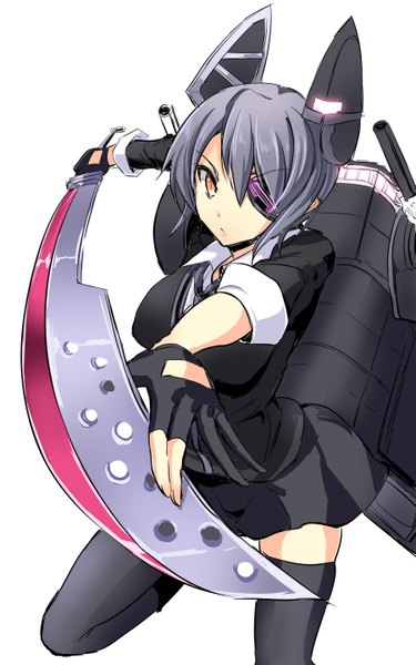 Anime picture 900x1440 with kantai collection tenryuu light cruiser gin'ichi (akacia) single tall image looking at viewer short hair simple background white background yellow eyes purple hair zettai ryouiki girl thighhighs skirt gloves hair ornament weapon black thighhighs miniskirt