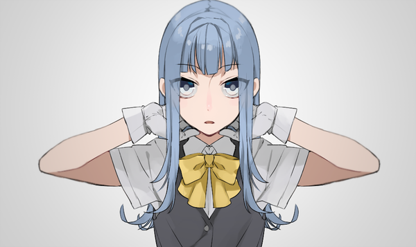 Anime picture 1000x595 with kantai collection hatsukaze destroyer hita (hitapita) single long hair looking at viewer fringe simple background wide image blue hair parted lips grey background arms behind head silver eyes girl gloves uniform school uniform white gloves