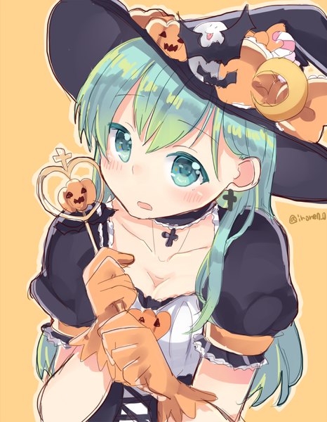 Anime picture 778x1000 with kantai collection suzuya heavy cruiser momoirone single long hair tall image looking at viewer blush open mouth simple background signed from above aqua hair halloween orange background girl gloves hat earrings witch hat