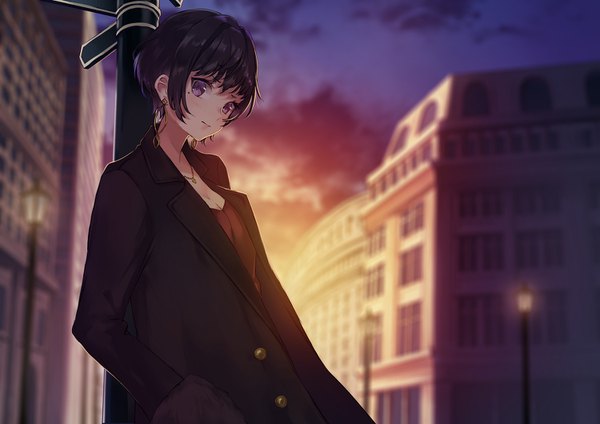Anime picture 1500x1062 with original kusaka kou single looking at viewer blush fringe short hair breasts black hair hair between eyes purple eyes sky cleavage cloud (clouds) outdoors head tilt open clothes mole mole under eye evening