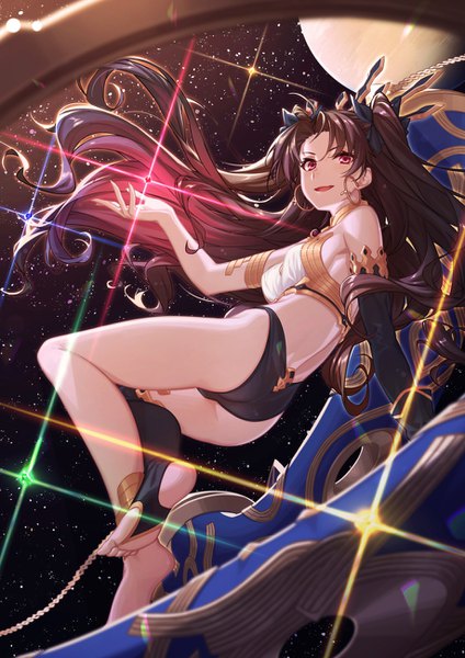 Anime picture 918x1300 with fate (series) fate/grand order ishtar (fate) m-ya single long hair tall image looking at viewer fringe breasts open mouth light erotic black hair payot full body bent knee (knees) ass :d barefoot arm support