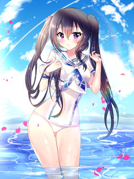 Anime picture 1500x2000 with elsword aisha landar xes (xes 5377) single long hair tall image looking at viewer blush fringe light erotic hair between eyes brown hair standing purple eyes twintails signed payot sky cloud (clouds) outdoors