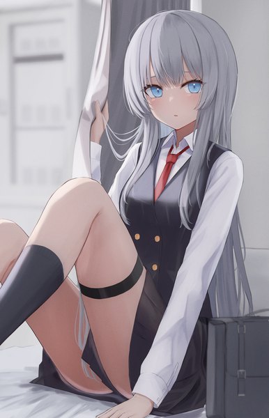 Anime picture 2968x4608 with original tanshio single long hair tall image looking at viewer blush fringe highres open mouth blue eyes light erotic sitting silver hair bent knee (knees) indoors depth of field double buttons girl uniform