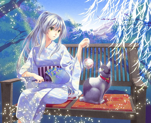 Anime picture 1500x1230 with original misa kobayashi single long hair open mouth sitting yellow eyes payot silver hair ponytail traditional clothes japanese clothes girl plant (plants) animal tree (trees) insect cat fan yukata