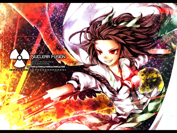 Anime picture 1200x900 with touhou reiuji utsuho kazetto (kazetsuto) single long hair red eyes brown hair looking away grin text letterboxed starry sky print arm cannon girl skirt bow weapon hair bow star (stars) cape
