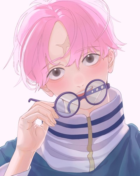 Anime picture 1080x1350 with one piece toei animation coby (one piece) shiyue 10 single tall image looking at viewer blush short hair open mouth simple background white background pink hair upper body head tilt :d black eyes scar eyewear removed boy