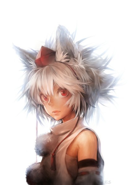 Anime picture 700x990 with touhou inubashiri momiji matsuda (matsukichi) single tall image looking at viewer short hair simple background red eyes white background animal ears upper body wolf ears girl detached sleeves tokin hat