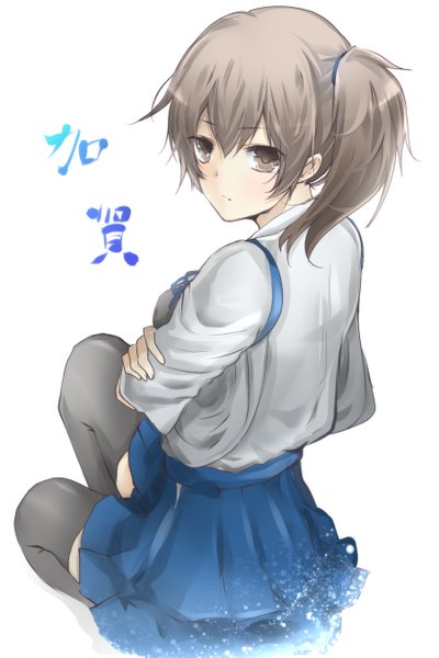 Anime picture 900x1350 with kantai collection kaga aircraft carrier oz (undoll) single tall image looking at viewer highres short hair breasts simple background brown hair white background sitting brown eyes ponytail traditional clothes japanese clothes looking back side ponytail girl