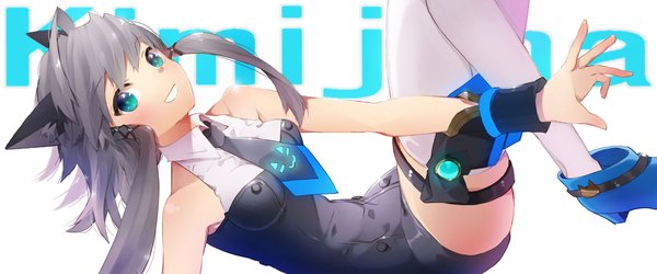 Anime picture 2040x852 with original kimijima0301 single long hair looking at viewer fringe highres open mouth blue eyes wide image twintails bare shoulders animal ears bent knee (knees) grey hair cat ears girl thighhighs white thighhighs necktie