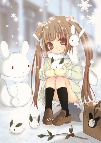 Anime picture 4756x6711 with hinayuki usa long hair tall image highres brown hair twintails brown eyes absurdres light smile snowing winter snow girl plant (plants) socks scarf black socks clock snowflake (snowflakes) child (children)