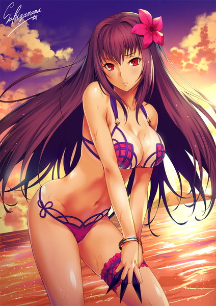 Anime picture 800x1131 with fate (series) fate/grand order scathach (fate) (all) scathach (swimsuit assassin) (fate) sakiyamama single long hair tall image looking at viewer blush fringe breasts light erotic hair between eyes red eyes large breasts holding signed sky cleavage