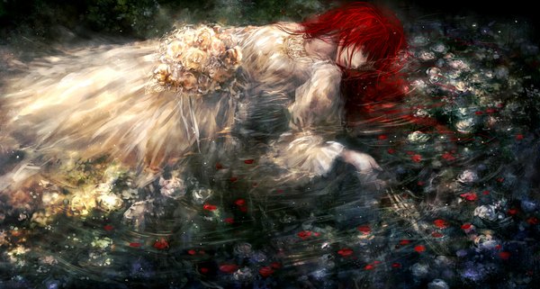 Anime picture 1000x535 with original 317/miiina (pixiv) single long hair fringe red eyes wide image red hair lying pale skin bone (bones) ophelia's pose girl dress flower (flowers) plant (plants) petals water bouquet
