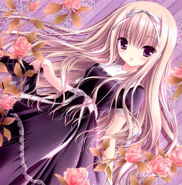 Anime picture 4960x5028 with tsukiyo no fromage tinker bell single long hair tall image blush highres open mouth blonde hair purple eyes absurdres sparkle loli dutch angle girl dress flower (flowers) bow hair bow