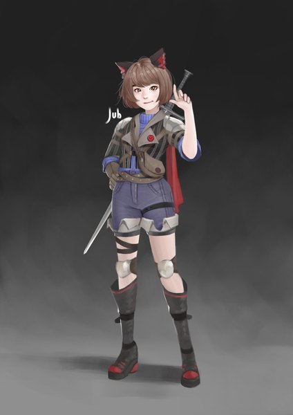 Anime picture 2480x3508 with original hana (jubi) jubi (regiana) single tall image looking at viewer highres short hair smile brown hair standing brown eyes signed animal ears full body arm up cat ears realistic grey background hand on hip