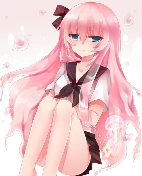 Anime picture 1932x2388 with vocaloid megurine luka tsukikage nemu single long hair tall image blush highres blue eyes pink hair legs girl skirt serafuku bubble (bubbles)