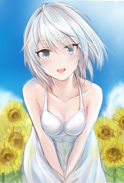 Anime picture 680x1000 with idolmaster idolmaster cinderella girls anastasia (idolmaster) nannacy7 single tall image looking at viewer fringe short hair open mouth blue eyes hair between eyes bare shoulders sky silver hair outdoors leaning leaning forward summer girl