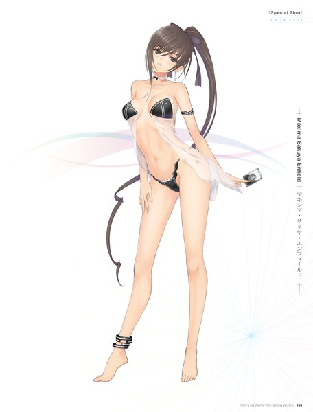 Anime picture 1461x1920 with shining (series) shining blade maxima enfield tony taka single long hair tall image looking at viewer fringe breasts light erotic black hair simple background hair between eyes white background full body ponytail barefoot black eyes scan