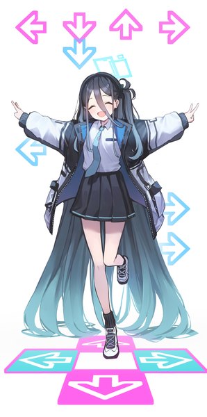 Anime-Bild 1442x2900 mit blue archive dance dance revolution aris (blue archive) lunia single tall image fringe open mouth black hair hair between eyes standing white background full body eyes closed very long hair pleated skirt open jacket bare legs one side up victory