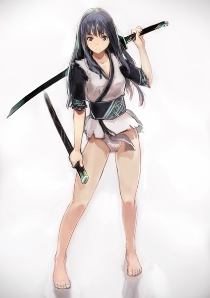 Anime picture 2480x3508 with original okuto single long hair tall image looking at viewer fringe highres breasts light erotic black hair simple background standing white background holding full body barefoot arm up black eyes bare legs