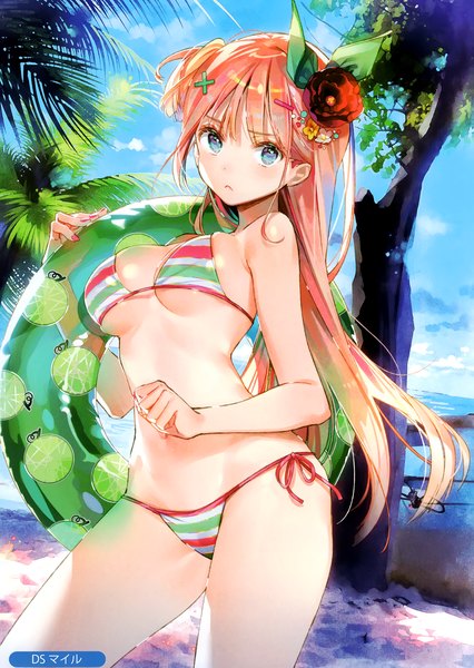 Anime picture 2099x2958 with melonbooks dsmile single long hair tall image looking at viewer blush fringe highres breasts blue eyes light erotic standing signed sky cleavage cloud (clouds) outdoors blunt bangs nail polish