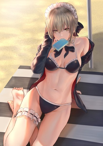 Anime picture 1447x2047 with fate (series) fate/grand order artoria pendragon (all) artoria pendragon (alter swimsuit rider) (fate) mugetsu2501 single tall image looking at viewer fringe short hair breasts light erotic blonde hair hair between eyes sitting bare shoulders holding yellow eyes cleavage bent knee (knees)
