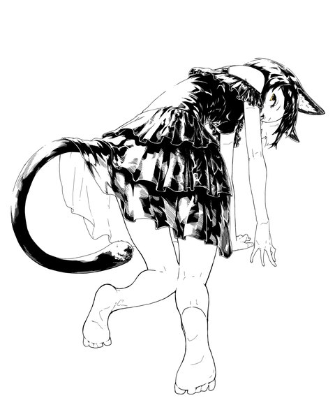 Anime picture 1200x1500 with original jaco single tall image looking at viewer black hair simple background white background animal ears yellow eyes full body tail animal tail barefoot cat ears cat girl cat tail monochrome soles on all fours
