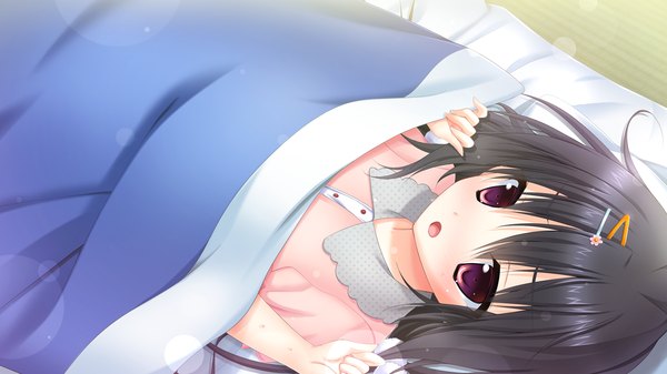 Anime picture 1280x720 with onii-chan migite no shiyou wo kinshi shimasu! imoo kaede single long hair blush open mouth black hair red eyes wide image game cg lying loli girl pajamas