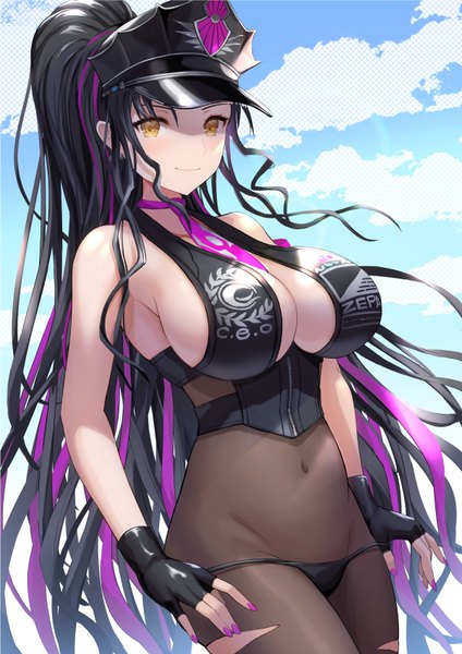 Anime picture 601x850 with fate (series) fate/grand order sesshouin kiara sesshouin kiara (swimsuit mooncancer) (fate) mokyumokyuchan single long hair tall image breasts light erotic black hair smile large breasts yellow eyes looking away sky cloud (clouds) ponytail nail polish multicolored hair
