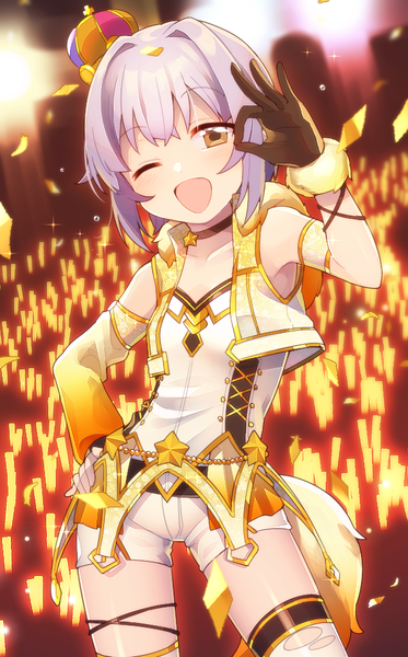 Anime picture 600x964 with idolmaster idolmaster cinderella girls koshimizu sachiko uso (ameuzaki) single tall image looking at viewer fringe short hair open mouth brown eyes purple hair one eye closed wink hand on hip ;d asymmetrical clothes ok sign party time gold girl