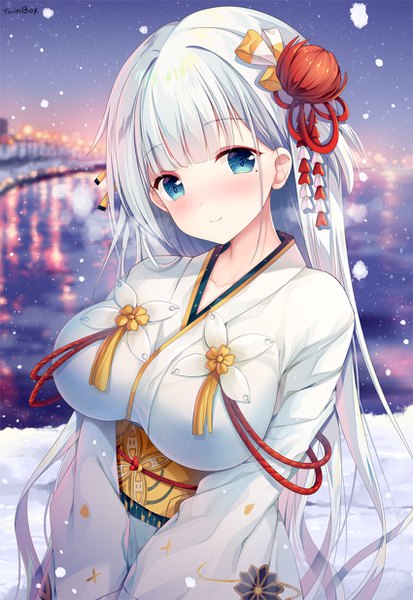 Anime-Bild 850x1234 mit azur lane shoukaku (azur lane) sousouman single long hair tall image looking at viewer blush fringe breasts blue eyes smile silver hair upper body outdoors blunt bangs long sleeves traditional clothes head tilt japanese clothes