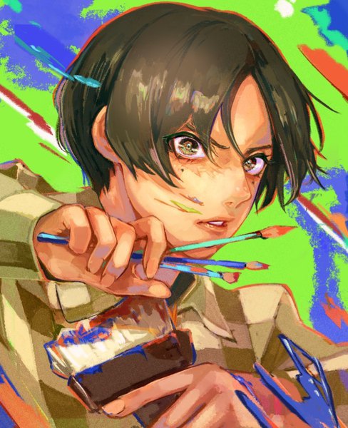 Anime picture 833x1024 with blue period takahashi yotasuke jap artistagram single tall image looking at viewer fringe short hair open mouth simple background hair between eyes brown hair holding brown eyes upper body parted lips mole mole under eye boy shirt