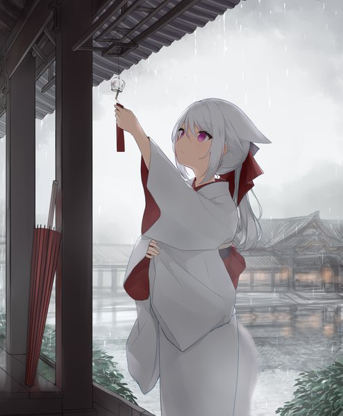 Anime picture 2100x2550 with original guo582 single long hair tall image fringe highres hair between eyes standing purple eyes animal ears payot sky cloud (clouds) outdoors white hair tail traditional clothes japanese clothes animal tail