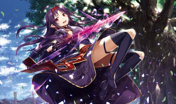 Anime picture 1400x826 with sword art online a-1 pictures yuuki (sao) gabiran single long hair looking at viewer blush fringe open mouth smile red eyes wide image sky purple hair cloud (clouds) full body ahoge outdoors :d