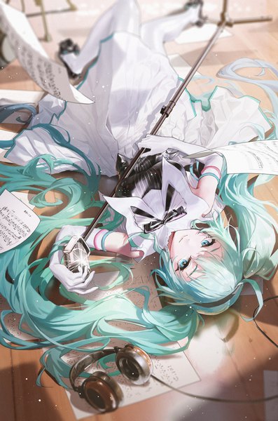 Anime picture 2480x3752 with vocaloid miku symphony (vocaloid) hatsune miku ttk (kirinottk) single long hair tall image looking at viewer fringe highres twintails holding payot lying aqua eyes from above light smile blurry aqua hair on back