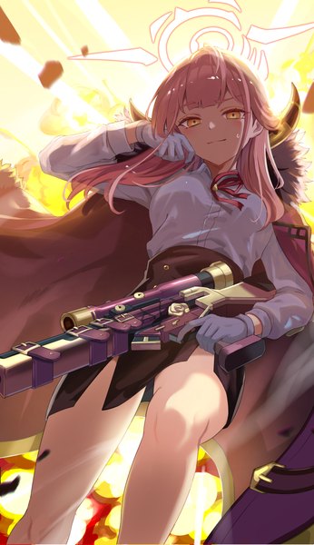 Anime picture 932x1615 with blue archive aru (blue archive) 2windrill single long hair tall image looking at viewer pink hair horn (horns) bare legs from below orange eyes clothes on shoulders explosion girl skirt gloves weapon miniskirt shirt