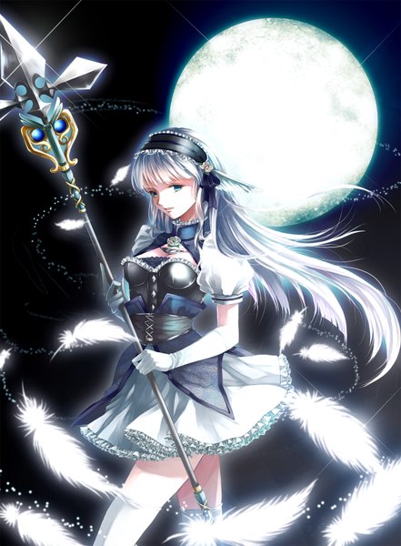 Anime picture 1300x1770 with original awa toka single long hair tall image looking at viewer blue eyes silver hair black background girl thighhighs dress gloves white thighhighs elbow gloves hairband feather (feathers) full moon corset spear