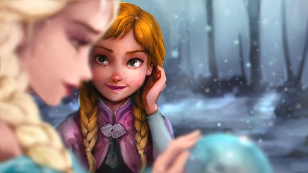 Anime picture 1920x1080 with frozen (disney) disney elsa (frozen) anna (frozen) tagme (artist) highres blue eyes blonde hair smile brown hair wide image multiple girls looking away braid (braids) blurry depth of field twin braids snowing winter snow