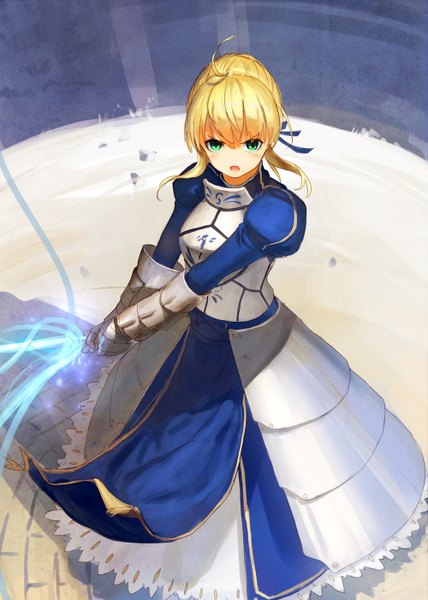 Anime picture 1000x1402 with fate (series) fate/zero type-moon artoria pendragon (all) saber november (jeanex) single tall image looking at viewer blush short hair open mouth blonde hair green eyes ahoge magic glowing girl dress sword