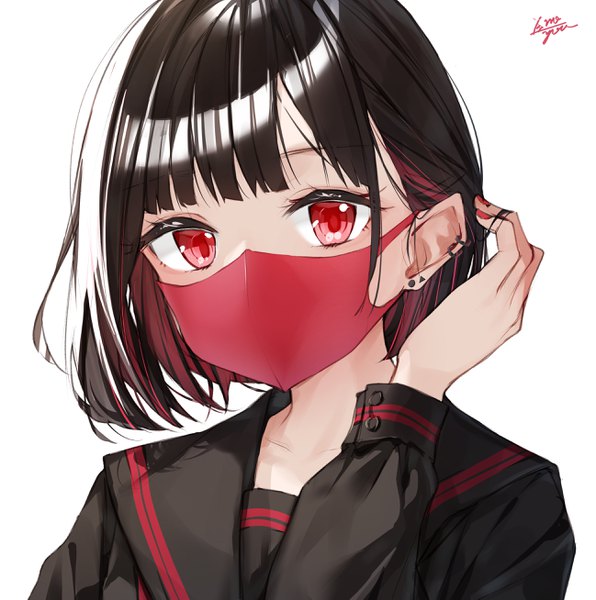 Anime picture 2593x2614 with original takenoko no you single tall image looking at viewer fringe highres short hair black hair simple background red eyes white background upper body nail polish multicolored hair two-tone hair piercing adjusting hair ear piercing colored inner hair