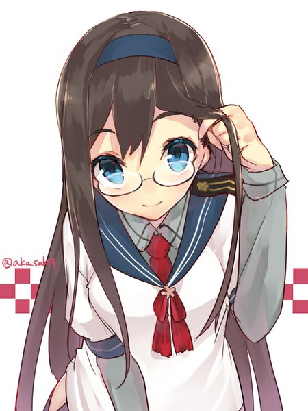 Anime picture 600x800 with kantai collection ooyodo light cruiser sakofu single long hair tall image looking at viewer fringe blue eyes black hair simple background smile white background signed adjusting hair girl glasses headband sailor suit