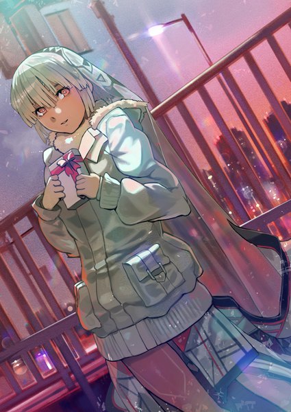 Anime picture 627x885 with fate (series) fate/grand order altera (fate) rano single tall image looking at viewer short hair smile standing holding outdoors white hair bare legs orange eyes dutch angle fur trim city hand on chest cityscape