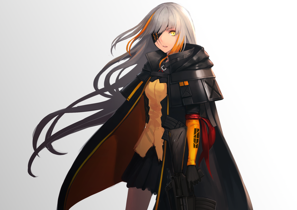 Anime picture 2037x1440 with girls frontline m16a1 (girls frontline) m16a1 (girls frontline) (boss) npt (akzkfhsk0503) single long hair looking at viewer fringe highres open mouth simple background standing holding yellow eyes payot multicolored hair grey hair orange hair two-tone hair streaked hair