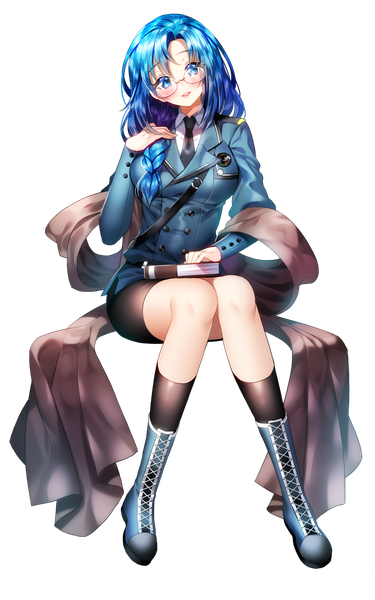 Anime picture 750x1200 with original aile (crossroads) single long hair tall image blush open mouth blue eyes sitting blue hair full body braid (braids) transparent background girl skirt glasses boots book (books)