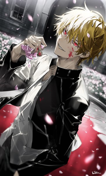 Anime picture 2894x4791 with fate (series) fate/stay night fate/unlimited blade works gilgamesh (fate) gilgamesh (immoral biker jacket) (fate) bikkusama single tall image fringe highres short hair blonde hair smile hair between eyes red eyes signed open jacket dutch angle official alternate costume blood on face