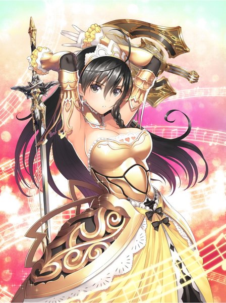 Anime picture 1318x1763 with shining (series) shining resonance sonia blanche tony taka single long hair tall image looking at viewer breasts light erotic black hair braid (braids) black eyes official art girl dress gloves weapon sword white gloves
