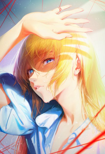 Anime picture 1400x2048 with original arata yokoyama single long hair tall image looking at viewer fringe blue eyes blonde hair hair between eyes payot upper body parted lips head tilt arm up lips blurry realistic tears shaded face