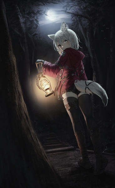 Anime picture 2331x3812 with original flippy (cripine111) single tall image looking at viewer blush fringe highres short hair hair between eyes holding animal ears silver hair full body outdoors tail animal tail looking back night grey eyes