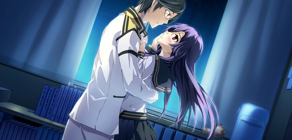 Anime picture 2250x1080 with soushuu senshinkan gakuen hachimyoujin sera mizuki g yuusuke long hair highres short hair black hair red eyes wide image game cg purple hair profile night couple hug girl boy uniform school uniform glasses