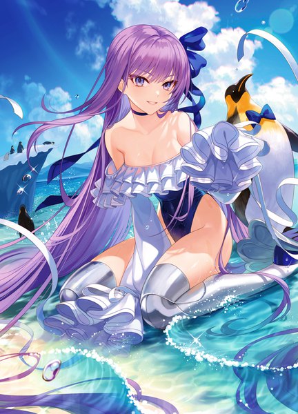 Anime picture 1079x1500 with fate (series) fate/grand order meltryllis (fate) meltryllis (swimsuit lancer) (fate) michi (iawei) single tall image light erotic sitting purple eyes looking away sky purple hair cloud (clouds) outdoors long sleeves very long hair partially submerged wariza girl